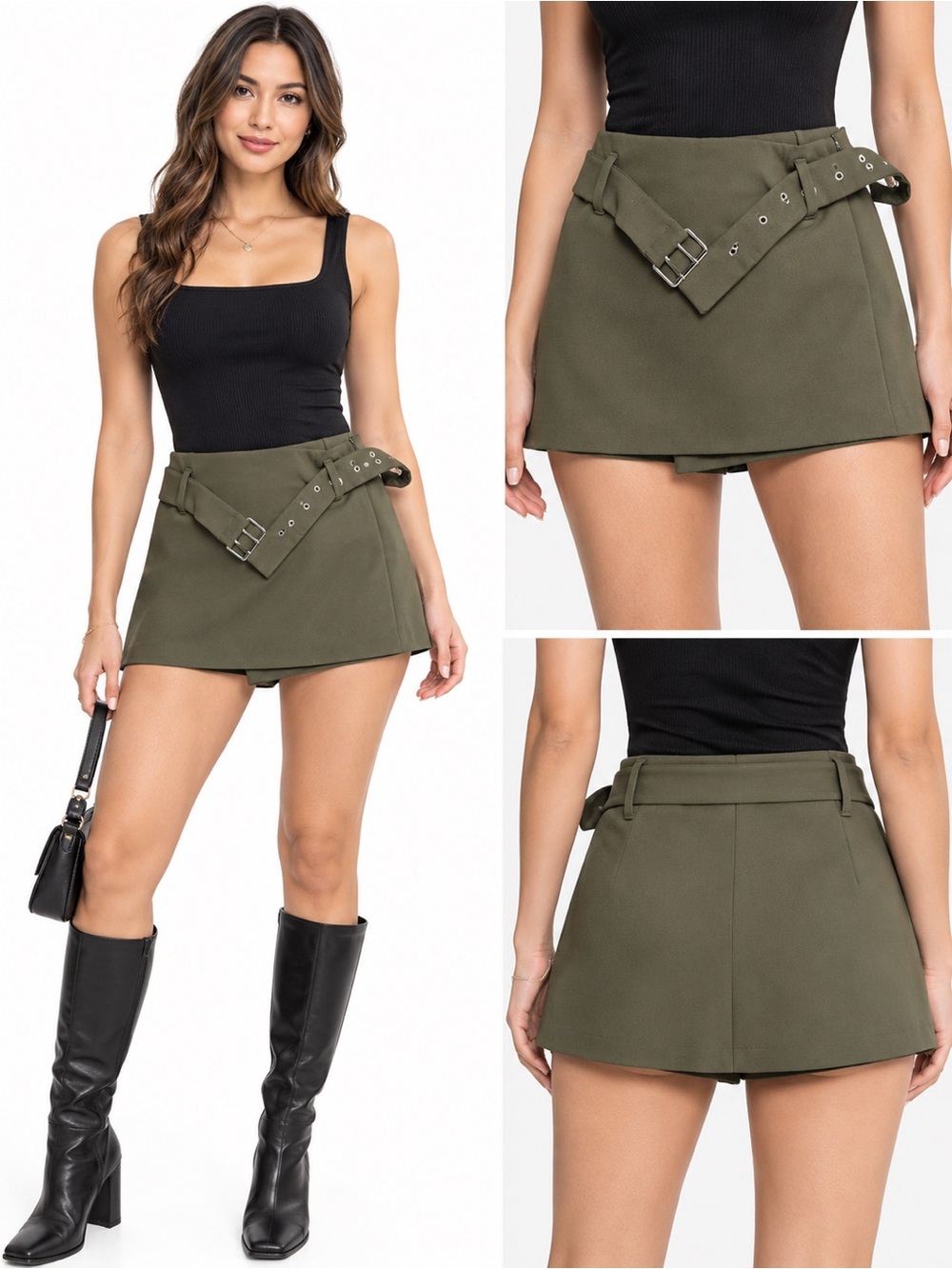Zara Olive Green Belted Mini Skort